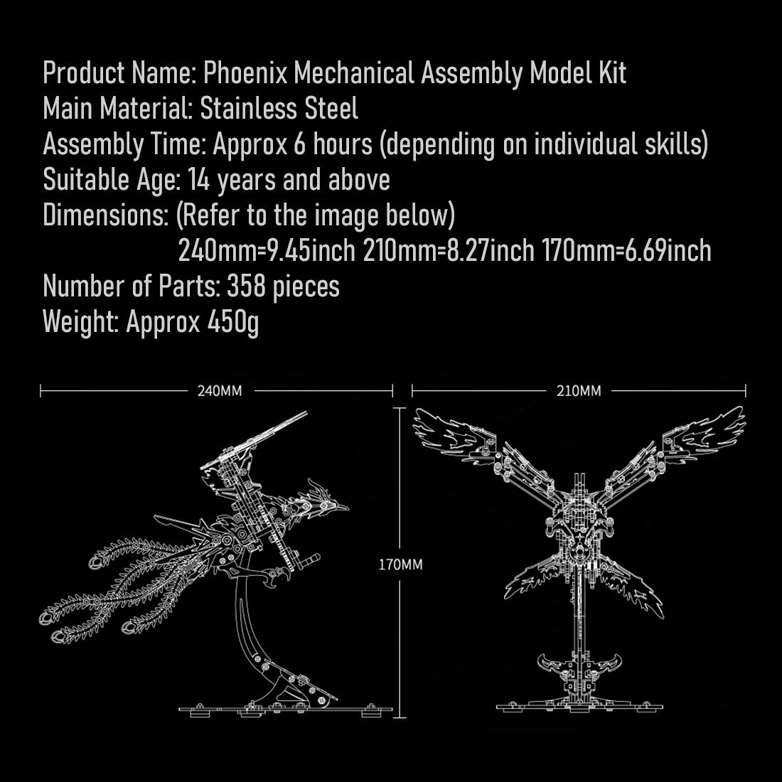 Mechanical Phoenix DIY Metal Assembly 3D Puzzle Model Kit Size - VICTMAX
