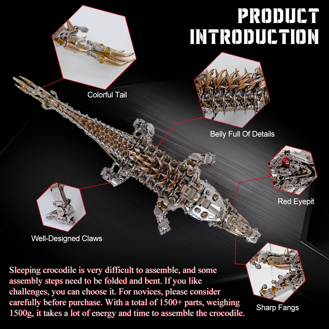 Metal Puzzle Steampunk Mechanical Crocodile Animal Assembly Model Kit (1500+PCS)