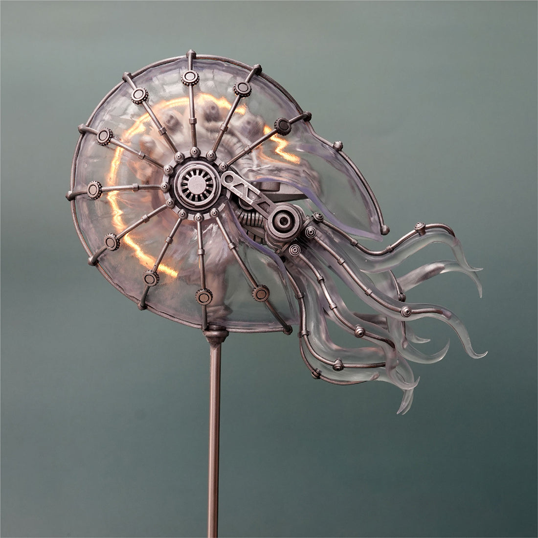 Handcrafted Mechanical Sea Snail Resin Statue with Glowing Transparent Shell and Industrial Steampunk Style - VICTMAX