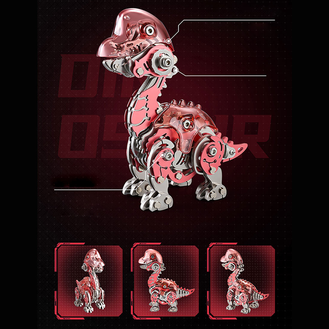 DIY Q Version Metal Dinosaur Puzzle Model Kit Red 126PCS Mechanical Dinosaur Assembly Model-Victmax