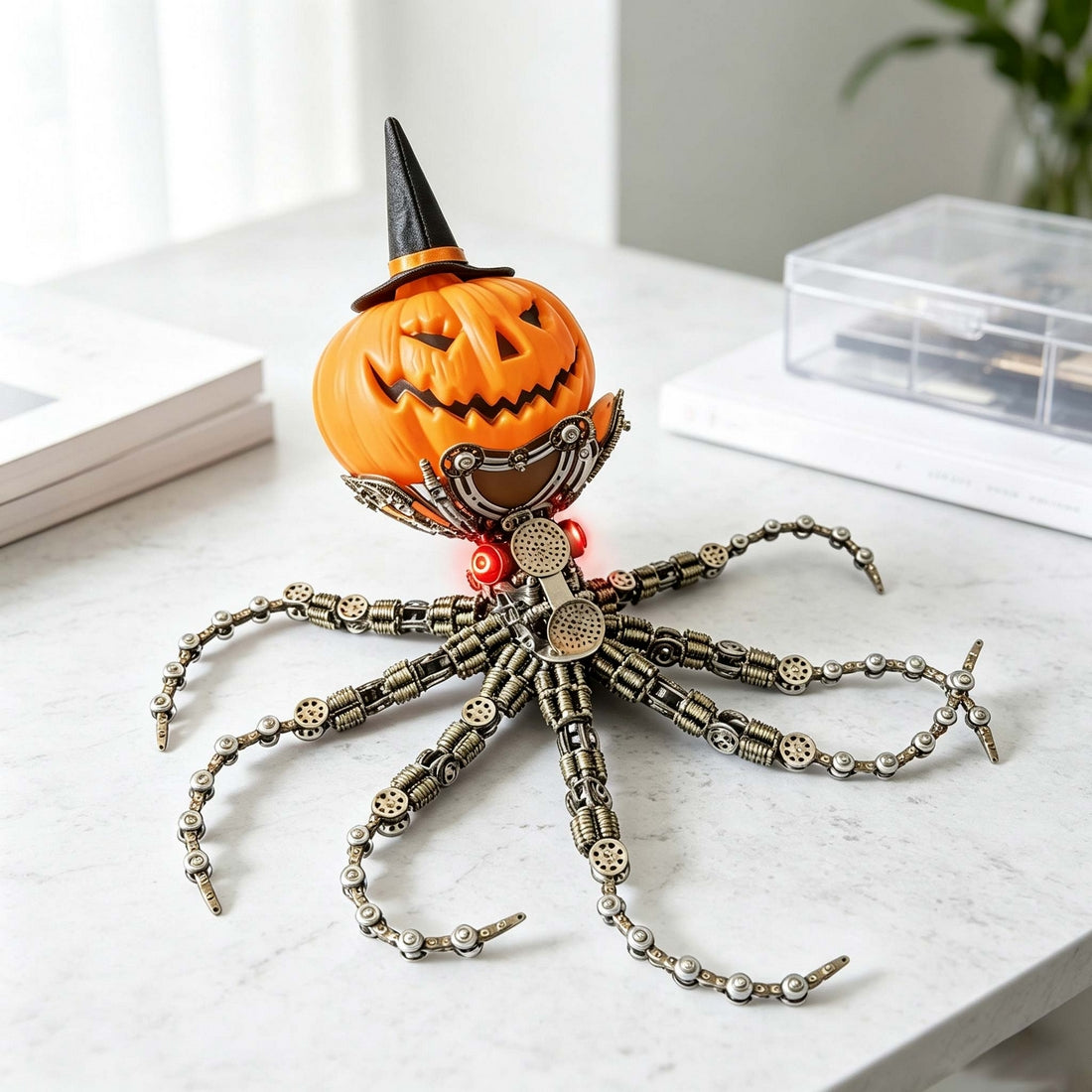 Steampunk Mechanical Octopus Metal Model Kit with Pumpkin Head, Halloween Decor, 2400+PCS DIY Assembly Sculpture with LED Lights - VICTMAX