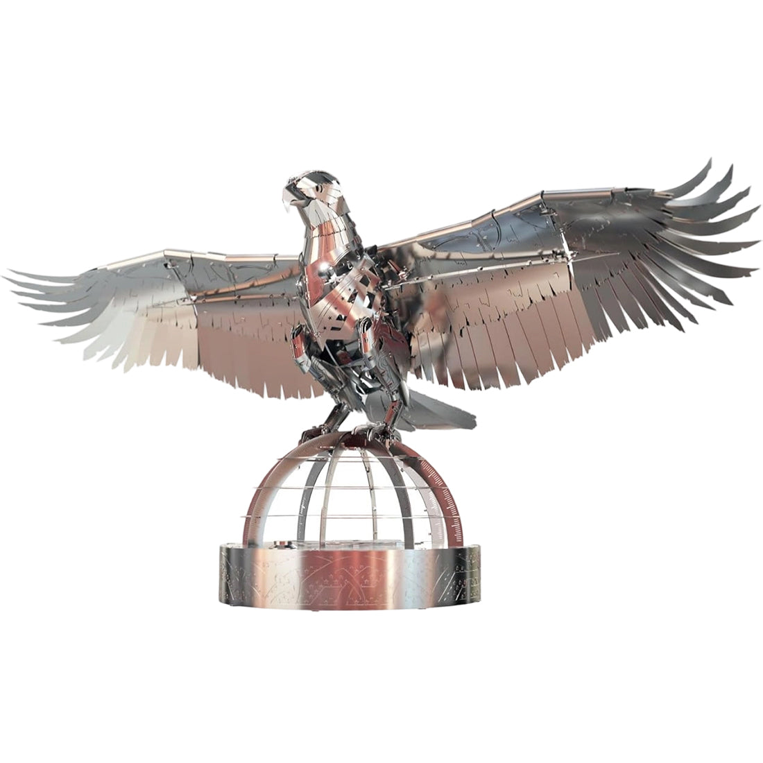 3D Metal Mechanical Bird Model Kit assembled in silver armor finish, stainless steel steampunk DIY puzzle with display base for desktop decoration and collection - VICTMAX