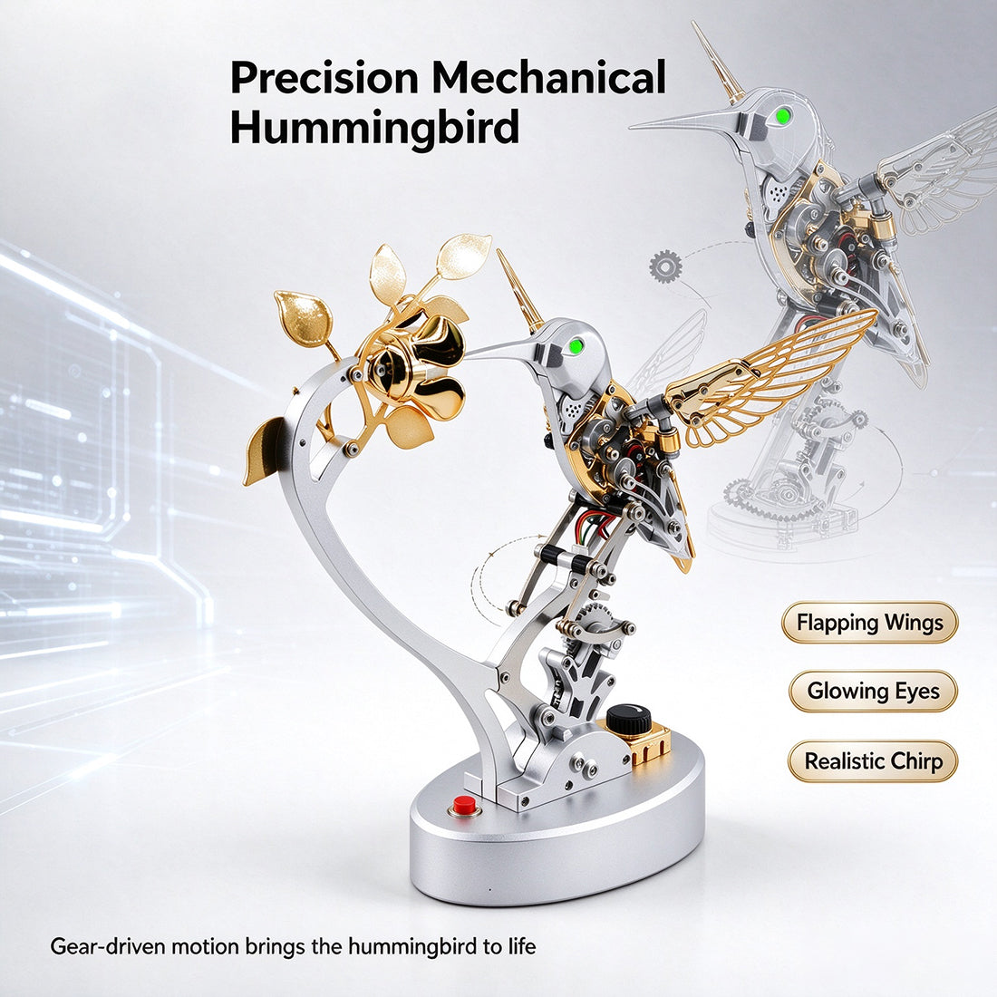 Metal Steampunk Mechanical Bird Model Kit, 250+PCS DIY Assembly with Moving Wings, LED Eyes, Bird Sounds and Exposed Gears - VICTMAX