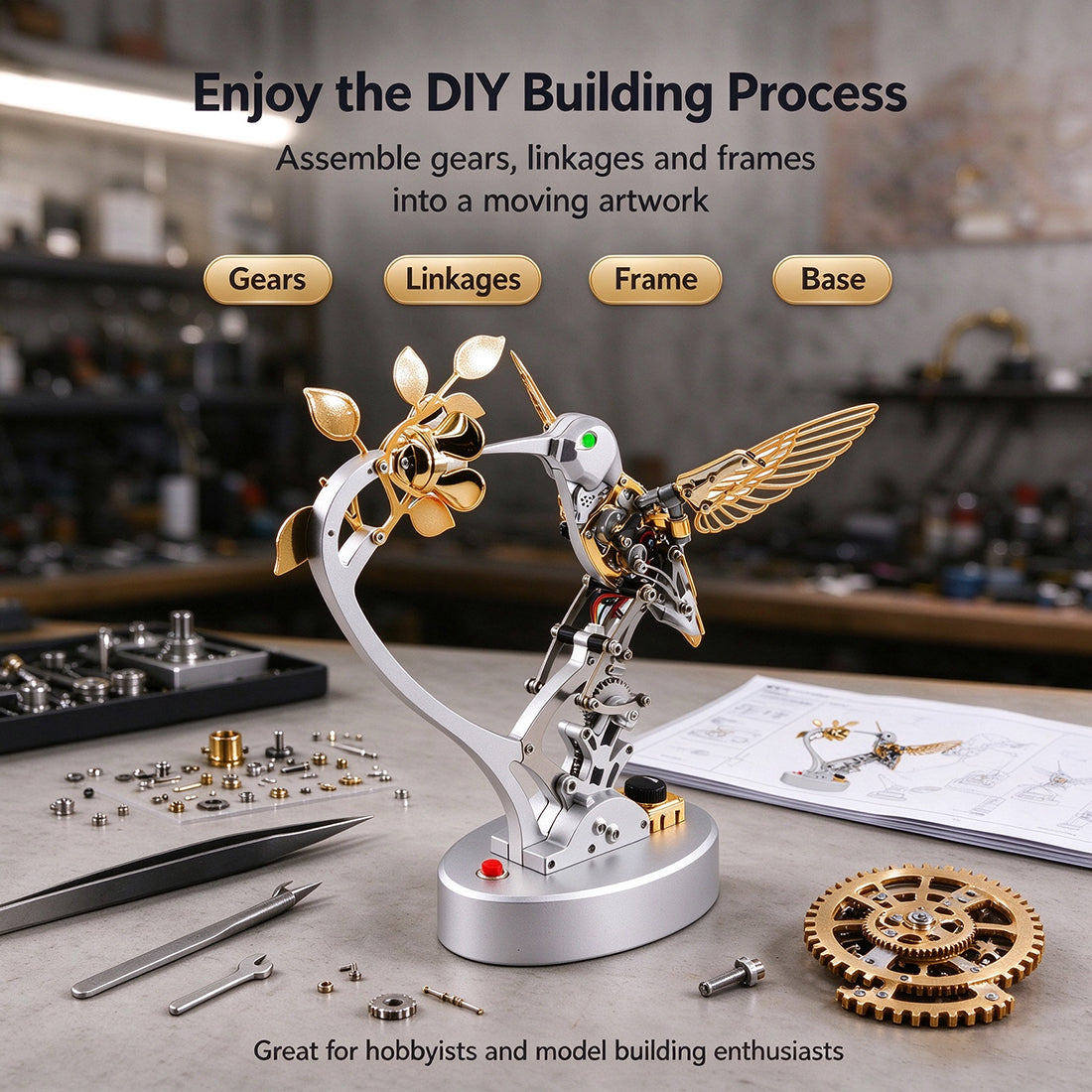 Metal Steampunk Mechanical Bird Model Kit, 250+PCS DIY Assembly with Moving Wings, LED Eyes, Bird Sounds and Exposed Gears - VICTMAX