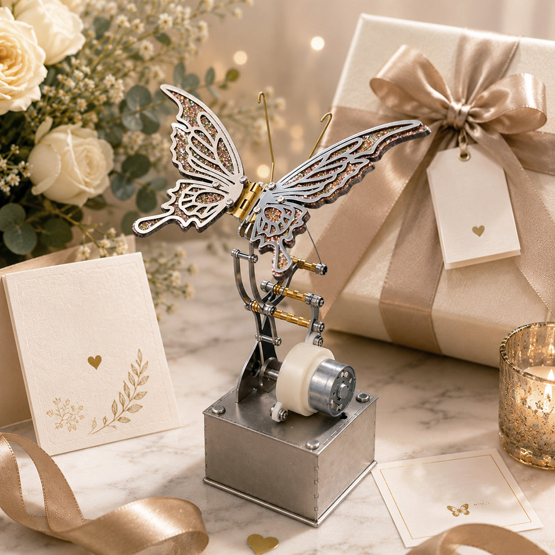 Mechanical Butterfly Desk Ornament Featuring Exposed Metal Rods and Gear Mechanism - Victmax