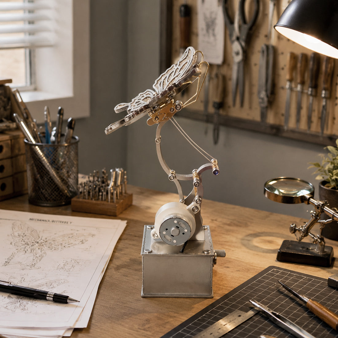 Animated Metal Butterfly Sculpture Displayed on Office Desk and Bookshelf - Victmax