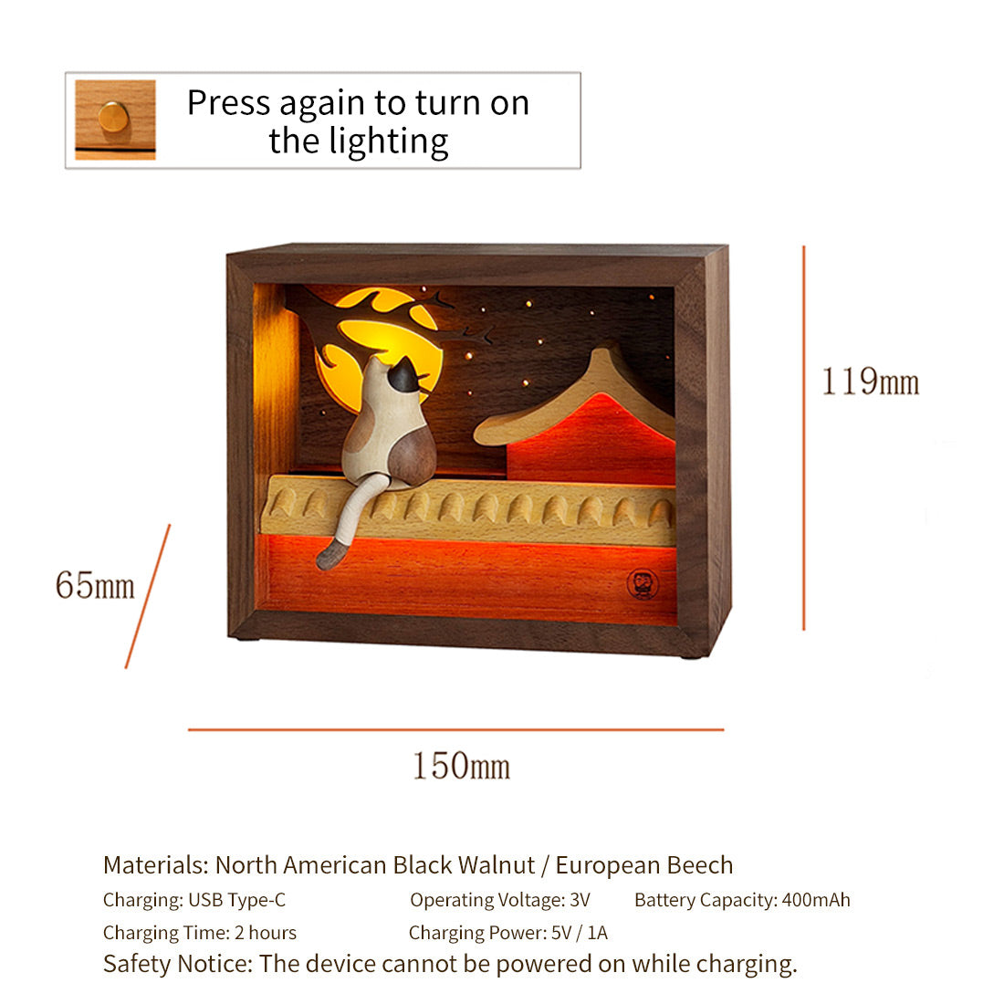 Wooden Cat Night Light Dynamic Motion Desk Decor Size - VICTMAX