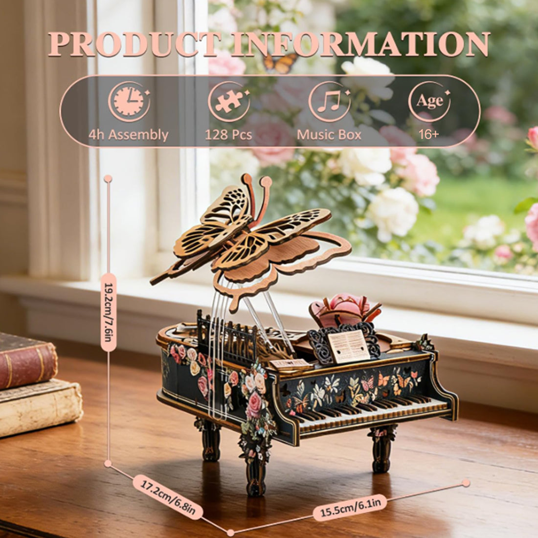 3D Wooden Butterfly Melody Box with Moving Butterfly and Rotating Rose - VICTMAX