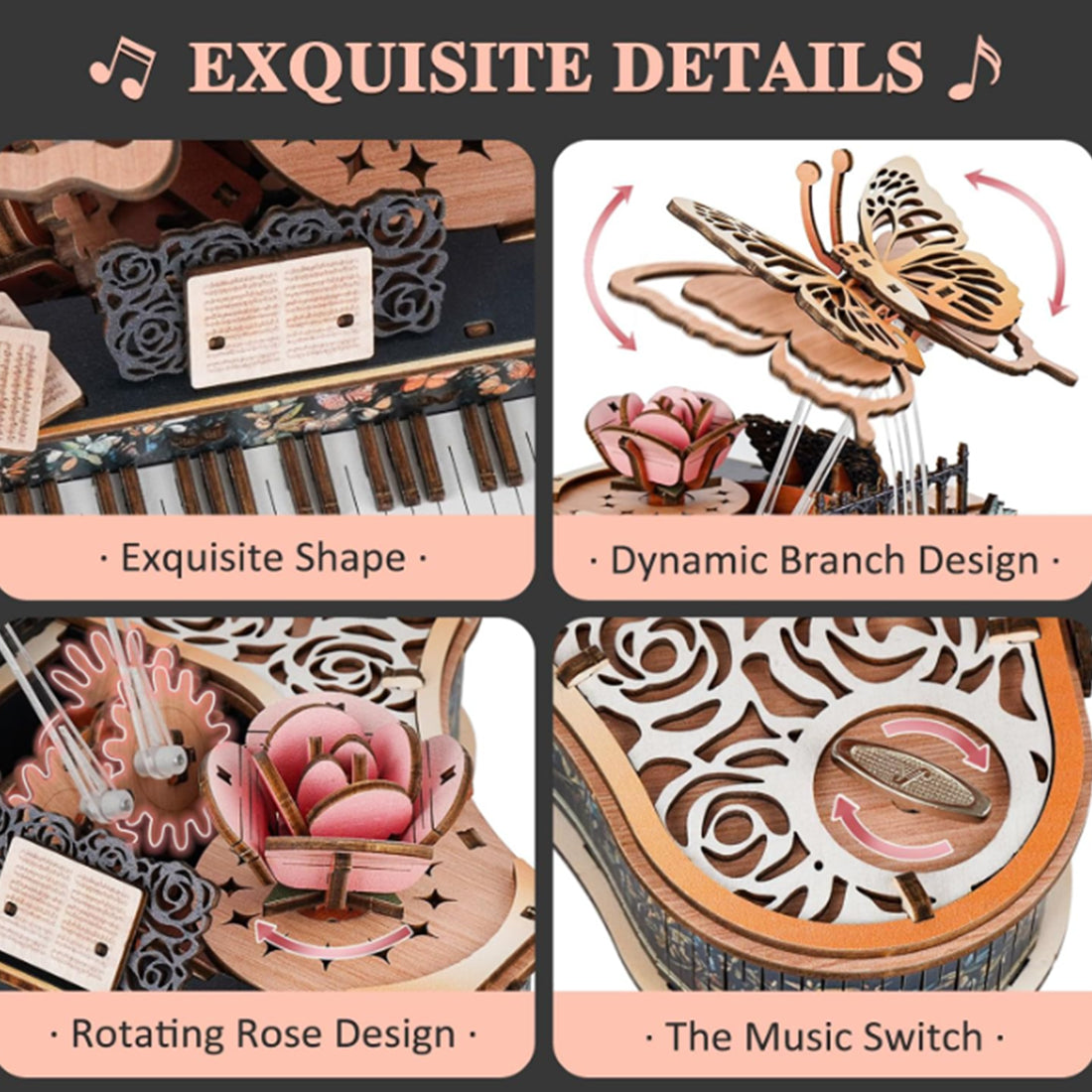 3D Wooden Butterfly Melody Box with Moving Butterfly and Rotating Rose - VICTMAX