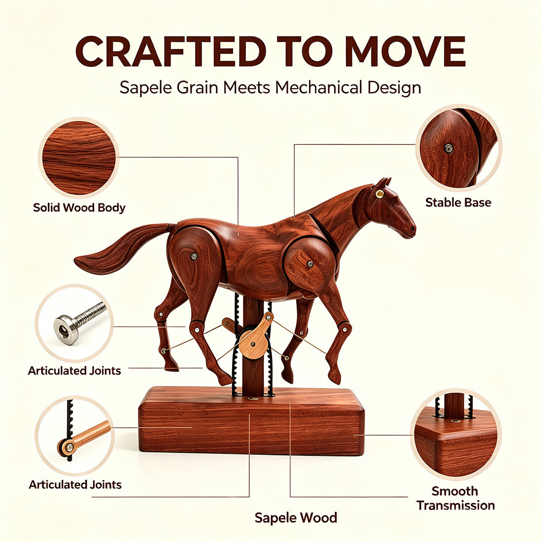 Mechanical Wooden Horse Automaton Model, Handcrafted Wood Dynamic Sculpture - VICTMAX