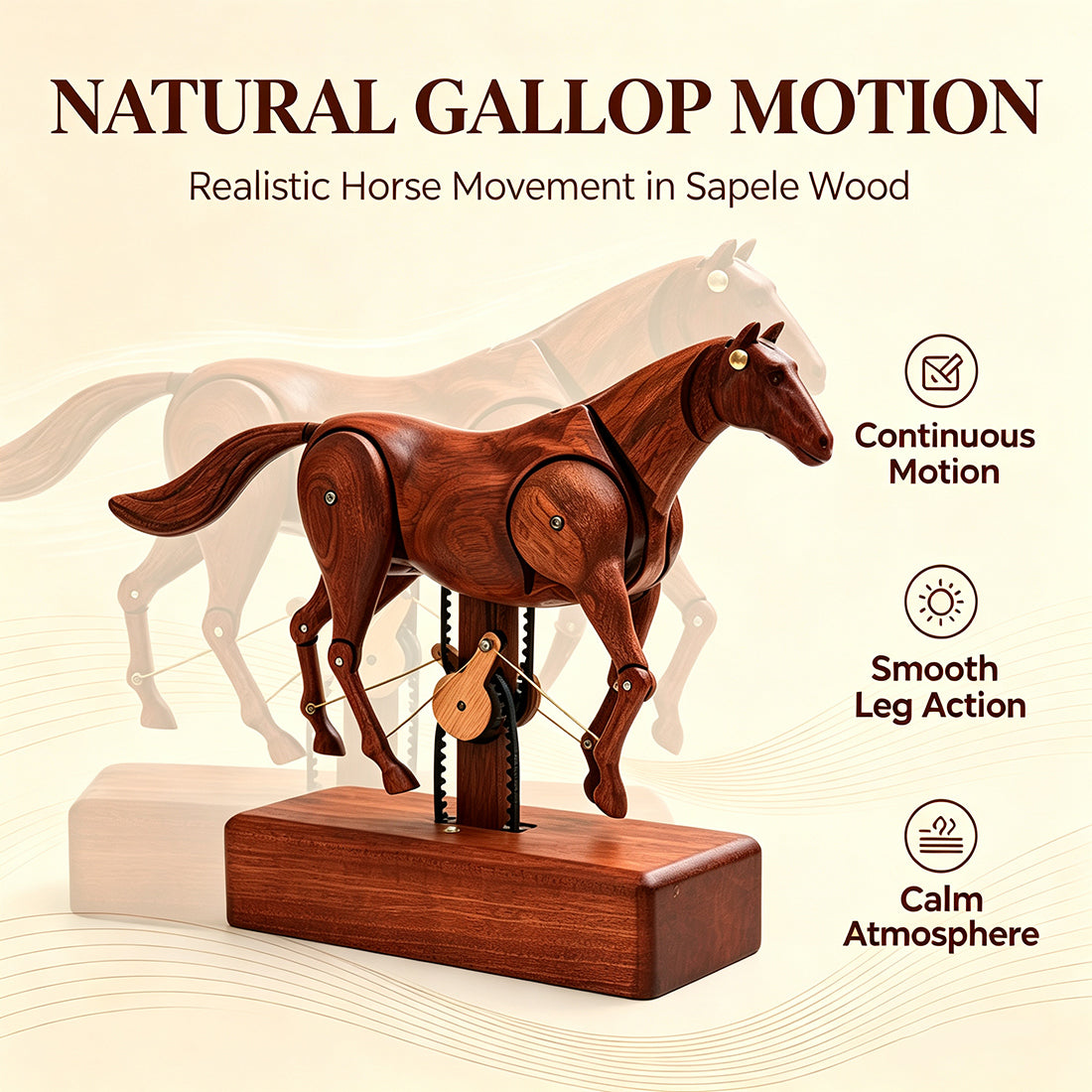 Mechanical Wooden Horse Automaton Model, Handcrafted Wood Dynamic Sculpture - VICTMAX