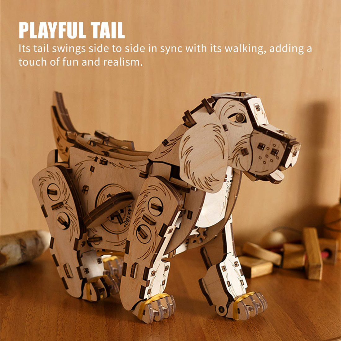 3D Wooden Puppy Model Kit 220PCS Wind Up Walking Mechanical Dog DIY Assembly - VICTMAX