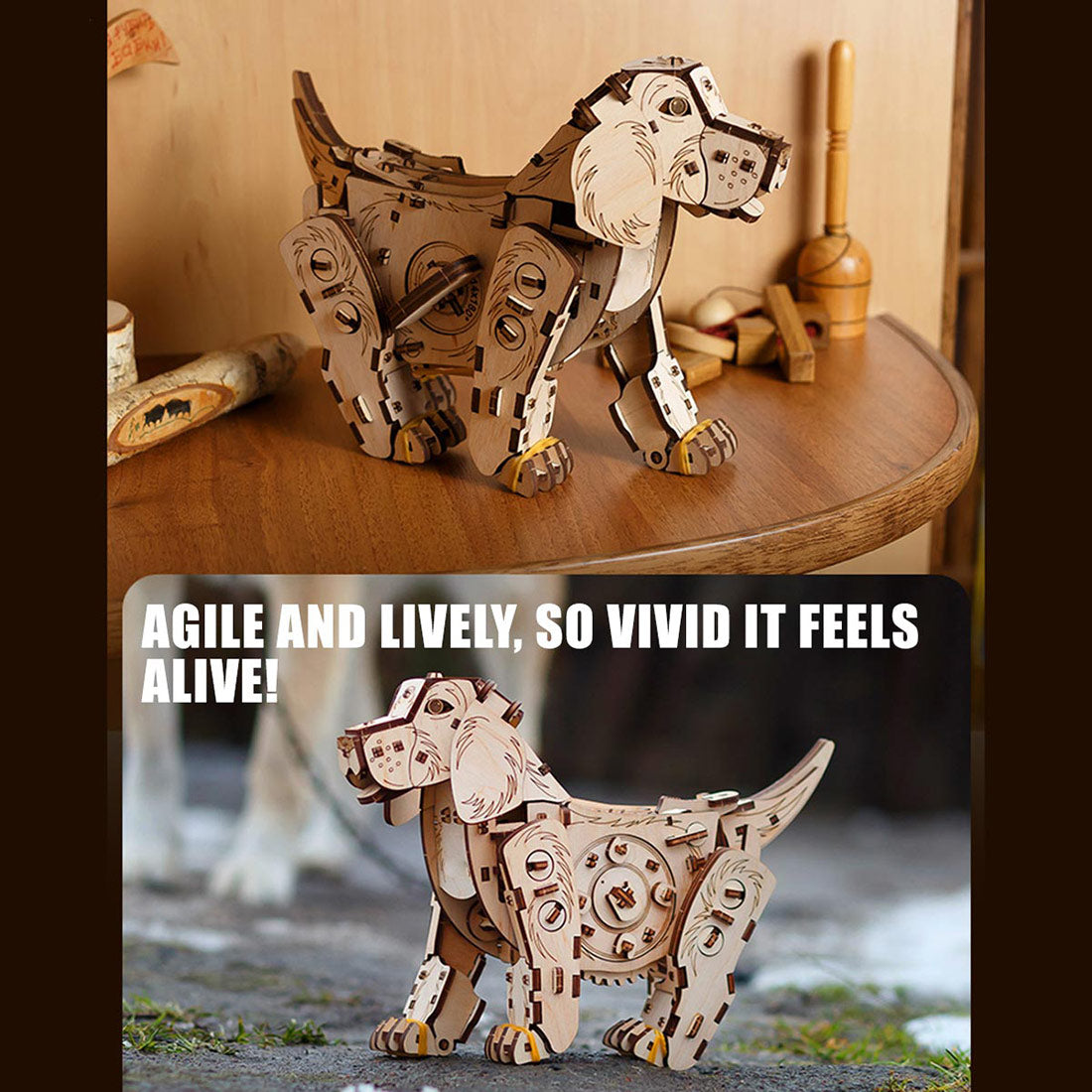 3D Wooden Puppy Model Kit 220PCS Wind Up Walking Mechanical Dog DIY Assembly - VICTMAX