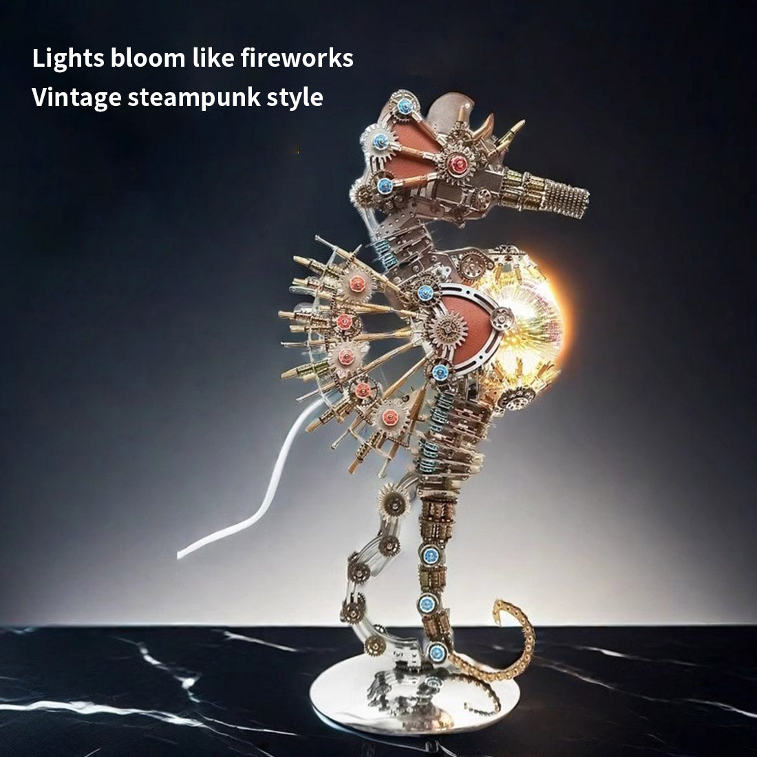 Mechanical Seahorse Firework Lamp model with illuminated lights for decorative display - VICTMAX