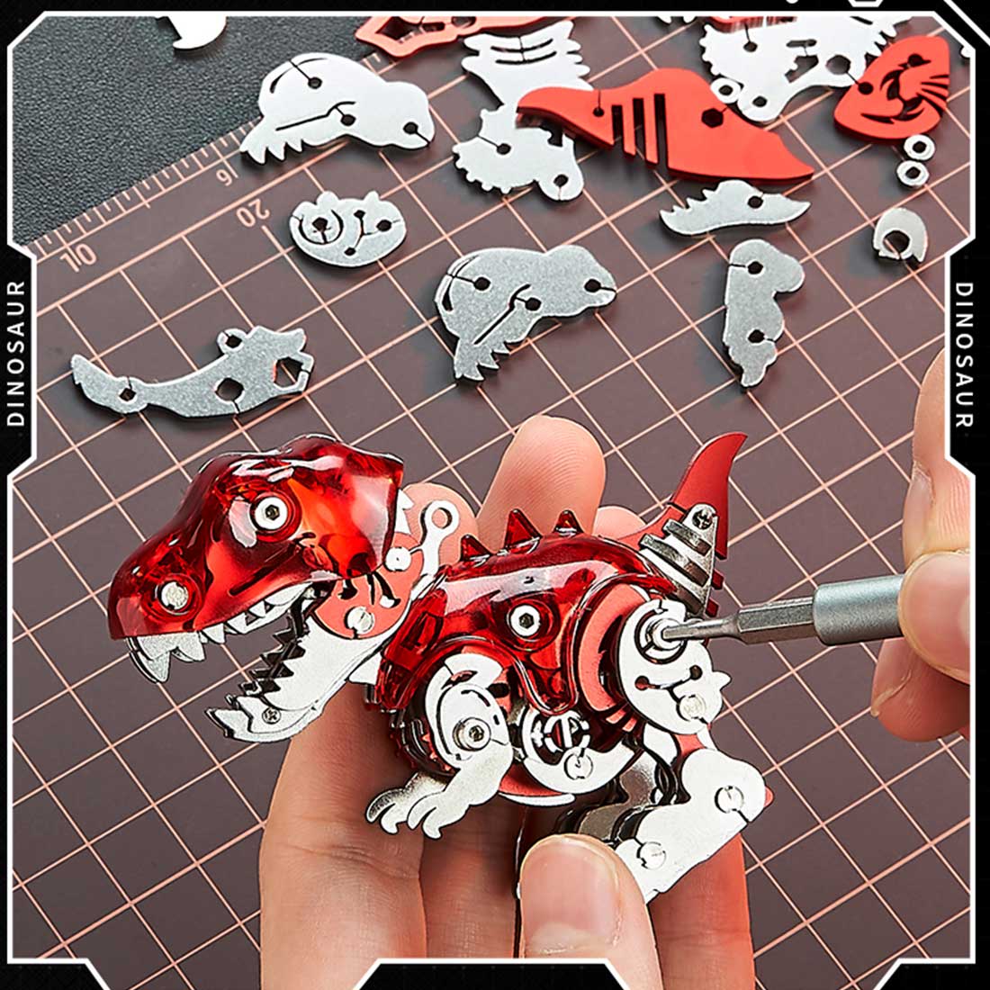 DIY Q Version Metal Dinosaur Puzzle Model Kit Red 126PCS Mechanical Dinosaur Assembly Model-Victmax