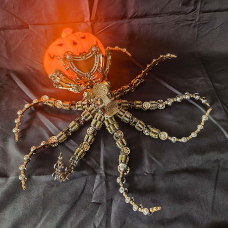 Steampunk Mechanical Octopus Metal Model Kit with Pumpkin Head, Halloween Decor, 2400+PCS DIY Assembly Sculpture with LED Lights - VICTMAX