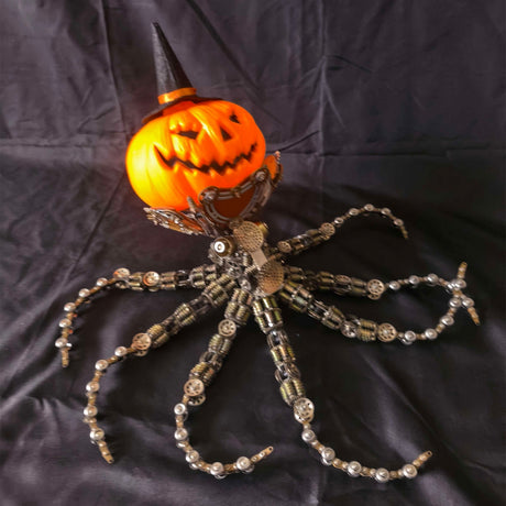 Steampunk Mechanical Octopus Metal Model Kit with Pumpkin Head, Halloween Decor, 2400+PCS DIY Assembly Sculpture with LED Lights - VICTMAX