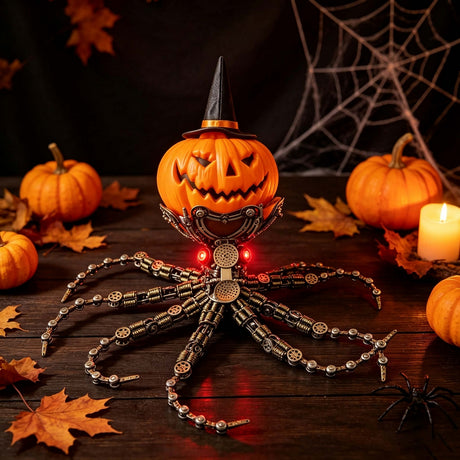 Steampunk Mechanical Octopus Metal Model Kit with Pumpkin Head, Halloween Decor, 2400+PCS DIY Assembly Sculpture with LED Lights - VICTMAX