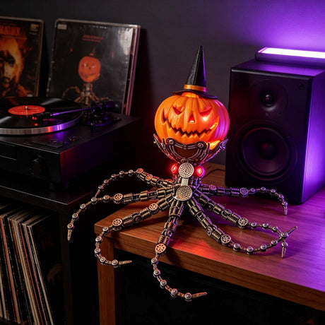 Steampunk Mechanical Octopus Metal Model Kit with Pumpkin Head, Halloween Decor, 2400+PCS DIY Assembly Sculpture with LED Lights - VICTMAX