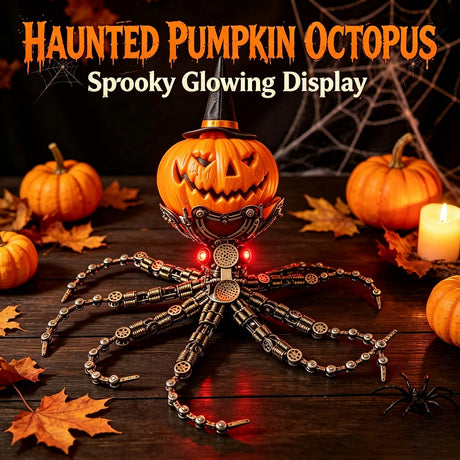 Steampunk Mechanical Octopus Metal Model Kit with Pumpkin Head, Halloween Decor, 2400+PCS DIY Assembly Sculpture with LED Lights - VICTMAX
