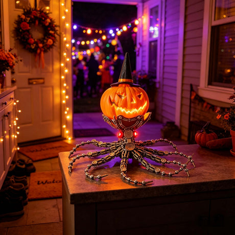 Steampunk Mechanical Octopus Metal Model Kit with Pumpkin Head, Halloween Decor, 2400+PCS DIY Assembly Sculpture with LED Lights - VICTMAX