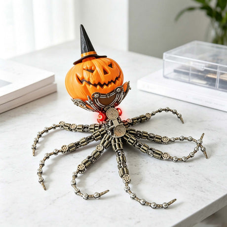 Steampunk Mechanical Octopus Metal Model Kit with Pumpkin Head, Halloween Decor, 2400+PCS DIY Assembly Sculpture with LED Lights - VICTMAX