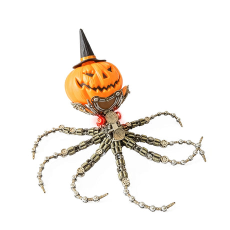 Steampunk Mechanical Octopus Metal Model Kit with Pumpkin Head, Halloween Decor, 2400+PCS DIY Assembly Sculpture with LED Lights - VICTMAX