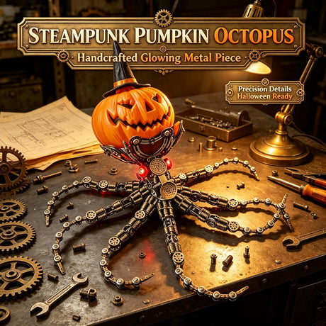 Steampunk Mechanical Octopus Metal Model Kit with Pumpkin Head, Halloween Decor, 2400+PCS DIY Assembly Sculpture with LED Lights - VICTMAX