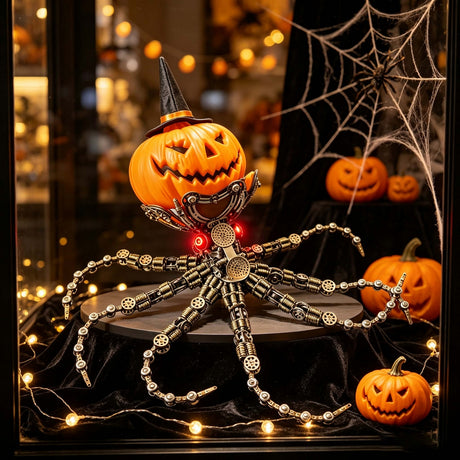 Steampunk Mechanical Octopus Metal Model Kit with Pumpkin Head, Halloween Decor, 2400+PCS DIY Assembly Sculpture with LED Lights - VICTMAX