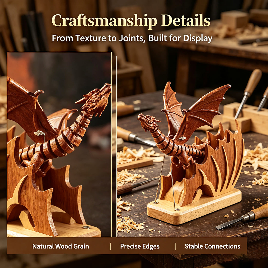 Handcrafted Sapele Wood Bionic Dragon Desktop Sculpture - VICTMAX