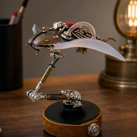 Close-up of mechanical ocean creature model showing gears, brass details and LED lighting - Victmax