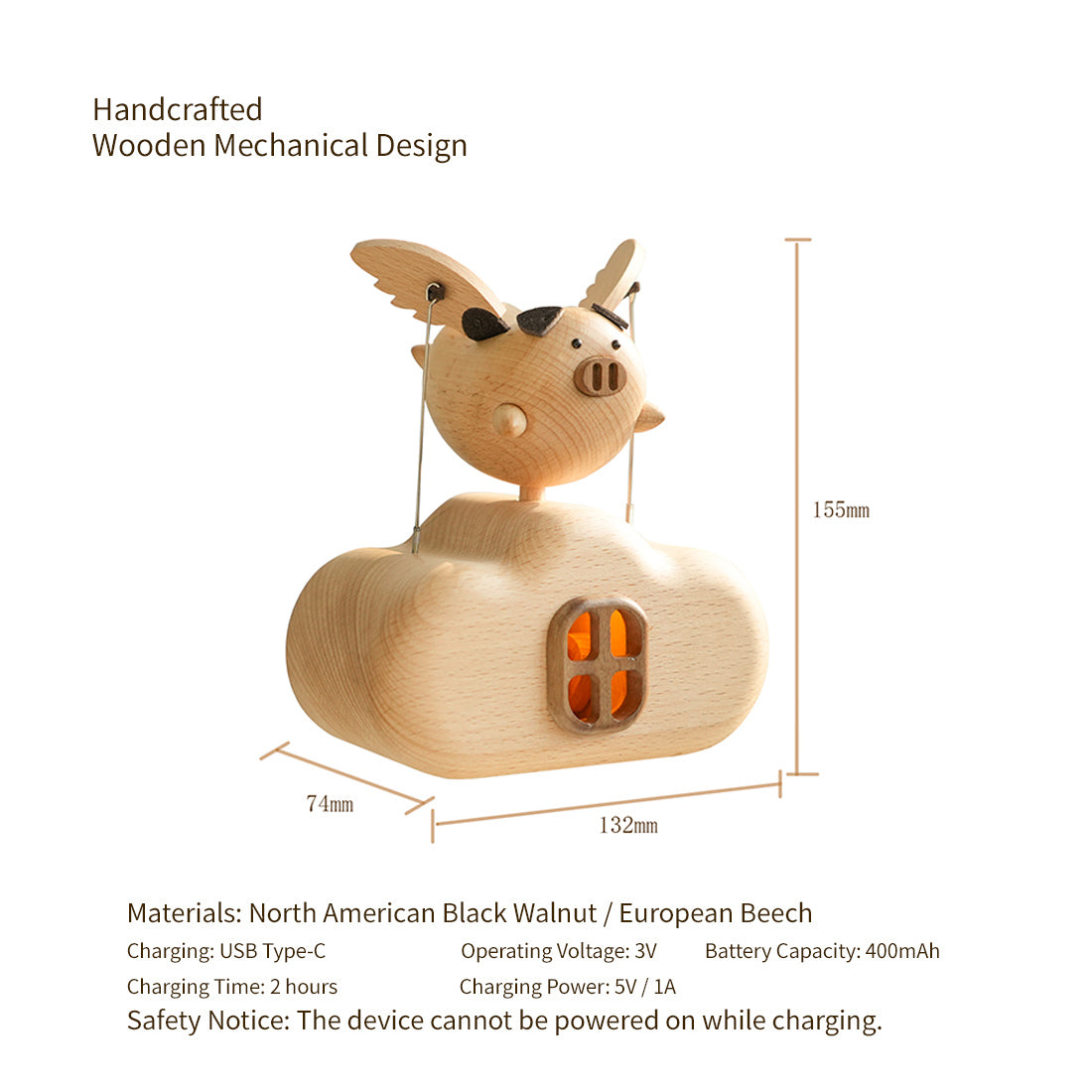 Mechanical Wooden Flying Pig Dynamic Motion Desk Decor Size - VICTMAX