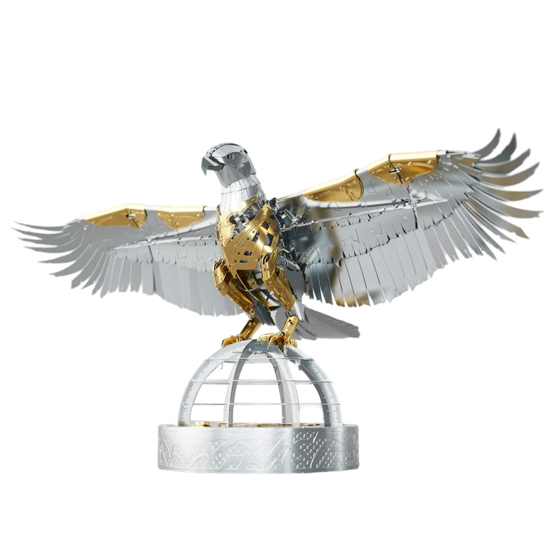 3D Metal Mechanical Bird Model Kit assembled in golden armor finish, stainless steel steampunk DIY puzzle with display base for desktop decoration and collection - VICTMAX