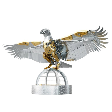 3D Metal Mechanical Bird Model Kit assembled in golden armor finish, stainless steel steampunk DIY puzzle with display base for desktop decoration and collection - VICTMAX