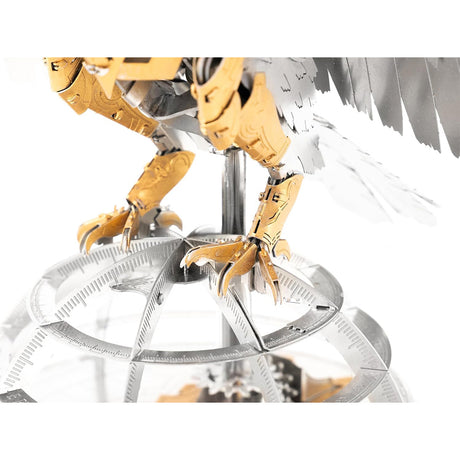 3D Metal Mechanical Bird Model Kit assembled in golden armor finish, stainless steel steampunk DIY puzzle with display base for desktop decoration and collection - VICTMAX