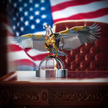 3D Metal Mechanical Bird Model Kit assembled in golden armor finish, stainless steel steampunk DIY puzzle with display base for desktop decoration and collection - VICTMAX