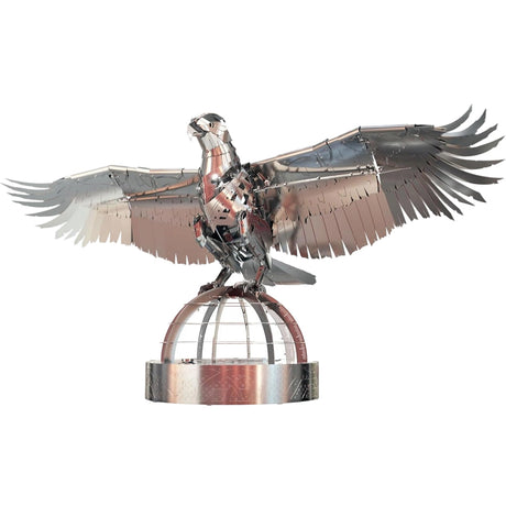 3D Metal Mechanical Bird Model Kit assembled in silver armor finish, stainless steel steampunk DIY puzzle with display base for desktop decoration and collection - VICTMAX