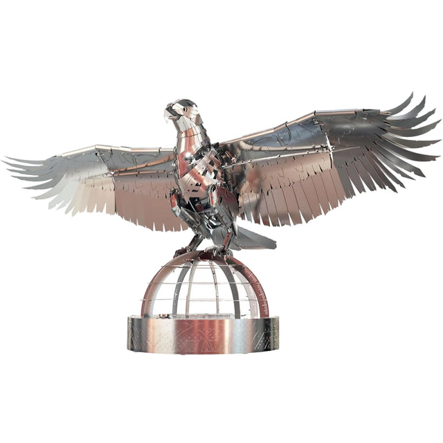 3D Metal Mechanical Bird Model Kit assembled in silver armor finish, stainless steel steampunk DIY puzzle with display base for desktop decoration and collection - VICTMAX
