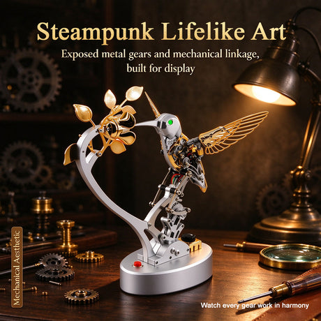 Metal Steampunk Mechanical Bird Model Kit, 250+PCS DIY Assembly with Moving Wings, LED Eyes, Bird Sounds and Exposed Gears - VICTMAX