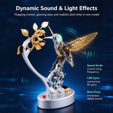 Metal Steampunk Mechanical Bird Model Kit, 250+PCS DIY Assembly with Moving Wings, LED Eyes, Bird Sounds and Exposed Gears - VICTMAX