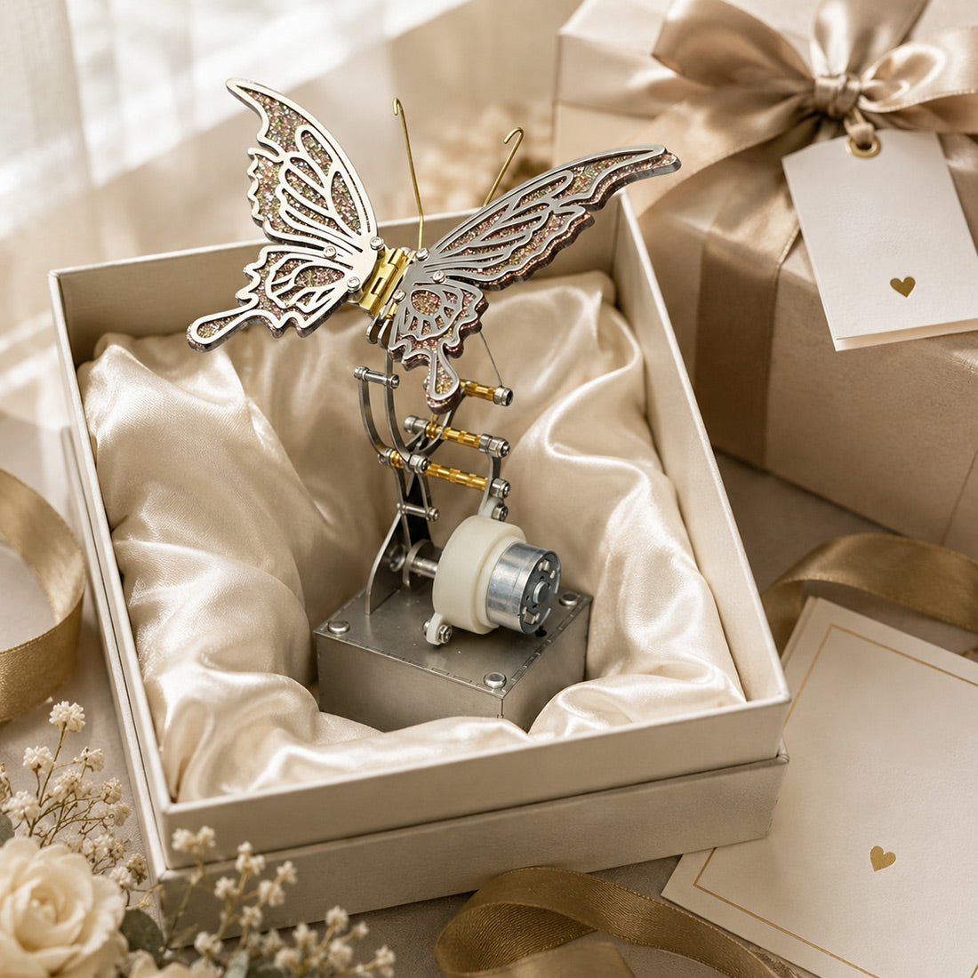 Animated Metal Butterfly Sculpture Displayed on Office Desk and Bookshelf - Victmax
