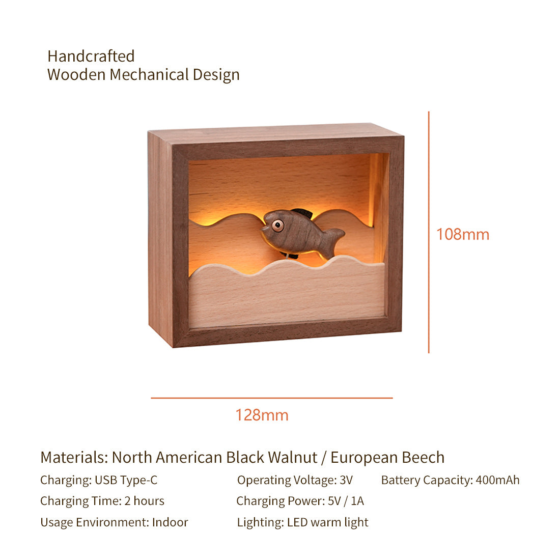 Wooden Ambient Fish Lamp Bionic Marine Biological Dynamic Model, Desktop Relaxation Decor Size - VICTMAX