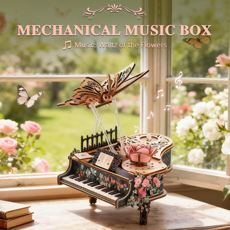 3D Wooden Butterfly Melody Box with Moving Butterfly and Rotating Rose - VICTMAX