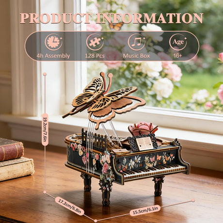 3D Wooden Butterfly Melody Box with Moving Butterfly and Rotating Rose - VICTMAX