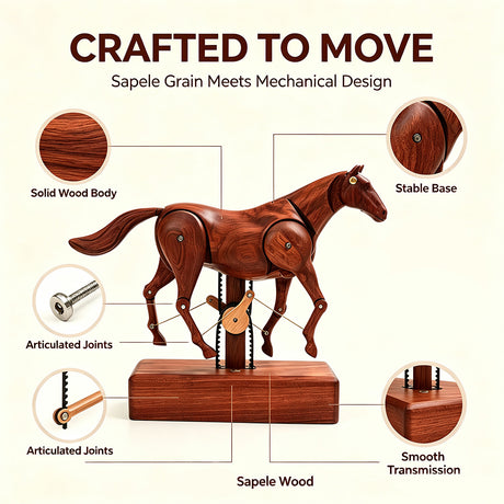 Mechanical Wooden Horse Automaton Model, Handcrafted Wood Dynamic Sculpture - VICTMAX