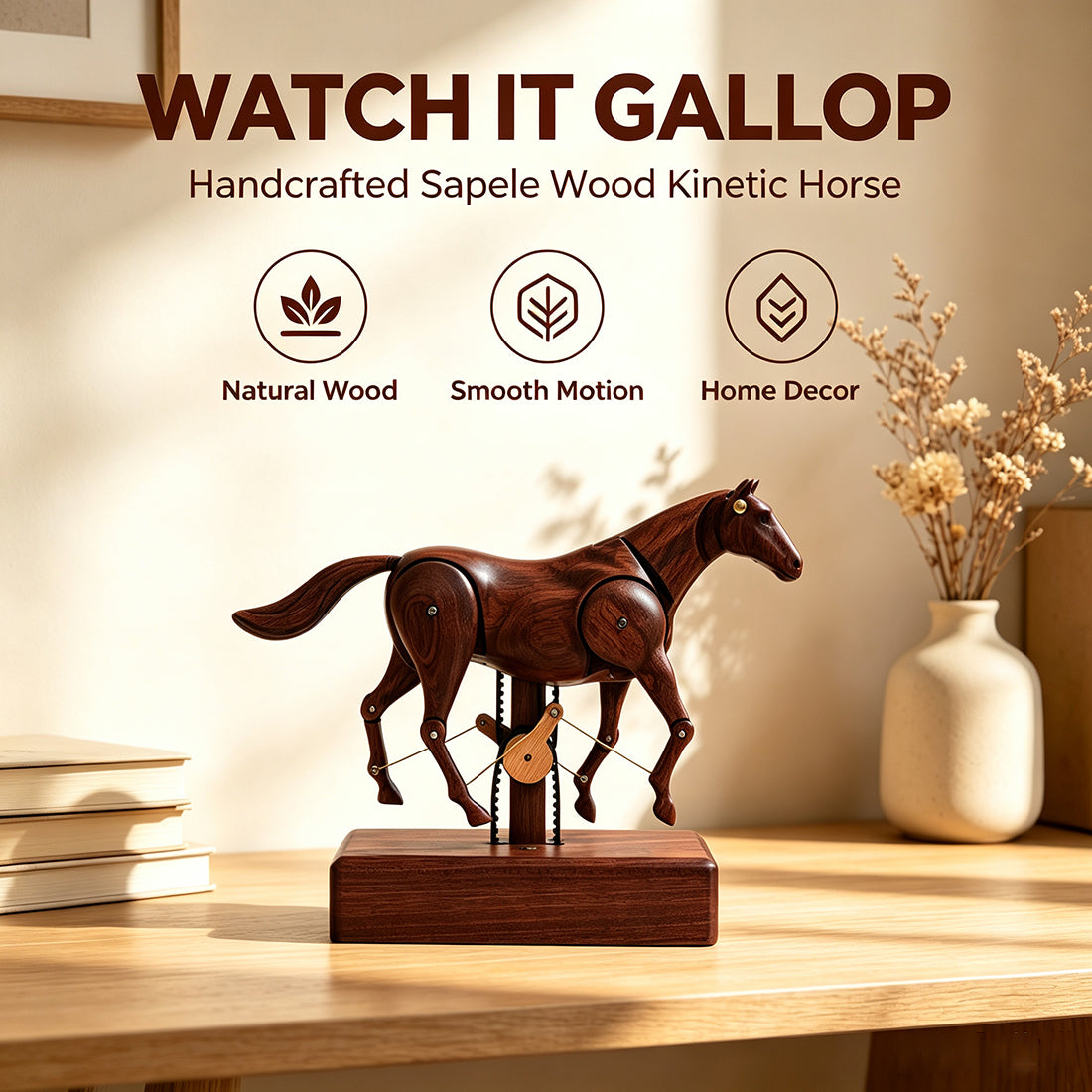 Mechanical Wooden Horse Automaton Model, Handcrafted Wood Dynamic Sculpture - VICTMAX