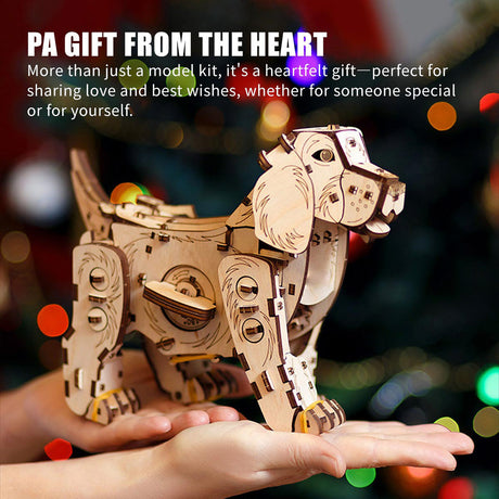 3D Wooden Puppy Model Kit 220PCS Wind Up Walking Mechanical Dog DIY Assembly - VICTMAX