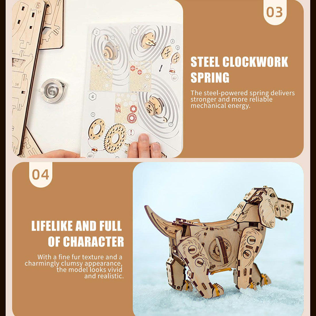 3D Wooden Puppy Model Kit 220PCS Wind Up Walking Mechanical Dog DIY Assembly - VICTMAX