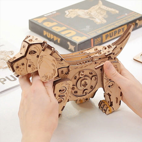 3D Wooden Puppy Model Kit 220PCS Wind Up Walking Mechanical Dog DIY Assembly - VICTMAX