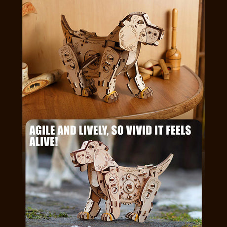 3D Wooden Puppy Model Kit 220PCS Wind Up Walking Mechanical Dog DIY Assembly - VICTMAX